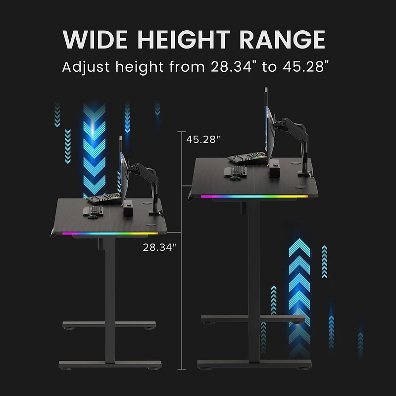 GTRACING hauteur réglable RVB électrique assis ou Stand bureau d’ordinateur avec lumières LED pour adultes , noir Contrôles Bluetooth/app, réglable en hauteur