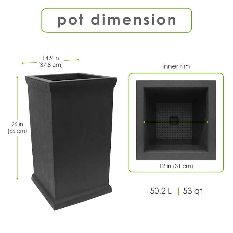 Tierra Verde Grand pot colonne lisse Allegro à réserve d'eau 15" L x 26" H en matériaux recyclés - Noir, Intérieur/Extérieur