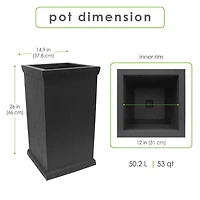 Tierra Verde Grand pot colonne lisse Allegro à réserve d'eau 15" L x 26" H en matériaux recyclés - Noir, Intérieur/Extérieur