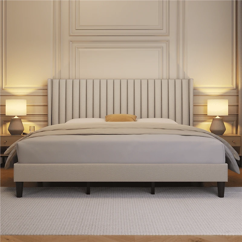 Fullfurnique Upholstered Bed Frame with Wing Side and Channel Headboard, King, Ivory