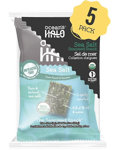 Ocean's Halo Organic 5-pack Sea Salt Seaweed Snack, Trayless Crispy Nori Snack, 4g Each