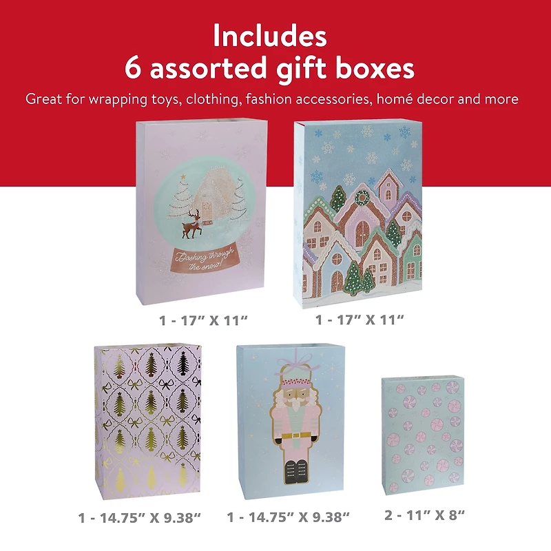 Boîtes-cadeaux Holiday Time pliantes imprimées en carton, 3 tailles assorties, 6 boîtes, Arbres Arcs