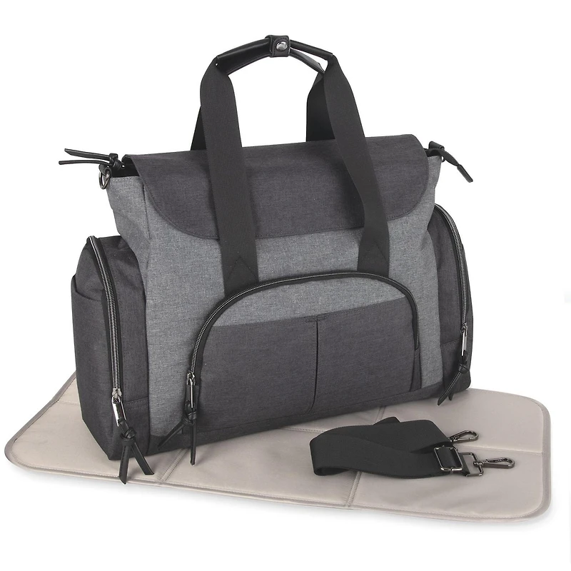 Baby Essentials 2 in 1 Convertible Multi-Pocket Baby Diaper Duffle Bag Tote with Magnetic Closure, Insulated Bottle Pockets, Foldable Diaper Changing Pad and Removable Shoulder Strap, grey, 14 pockets
