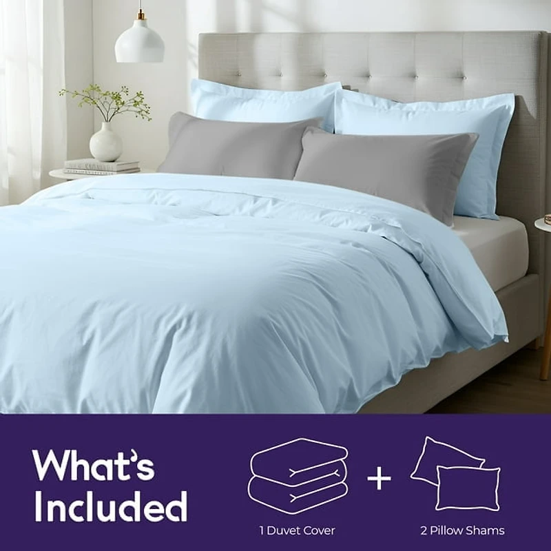 Beddora 3 Piece Duvet Cover Set, 100% Cotton Breathable Bedding Set, Soft Comforter Cover with 2 Pillow Shams, king - light blue
