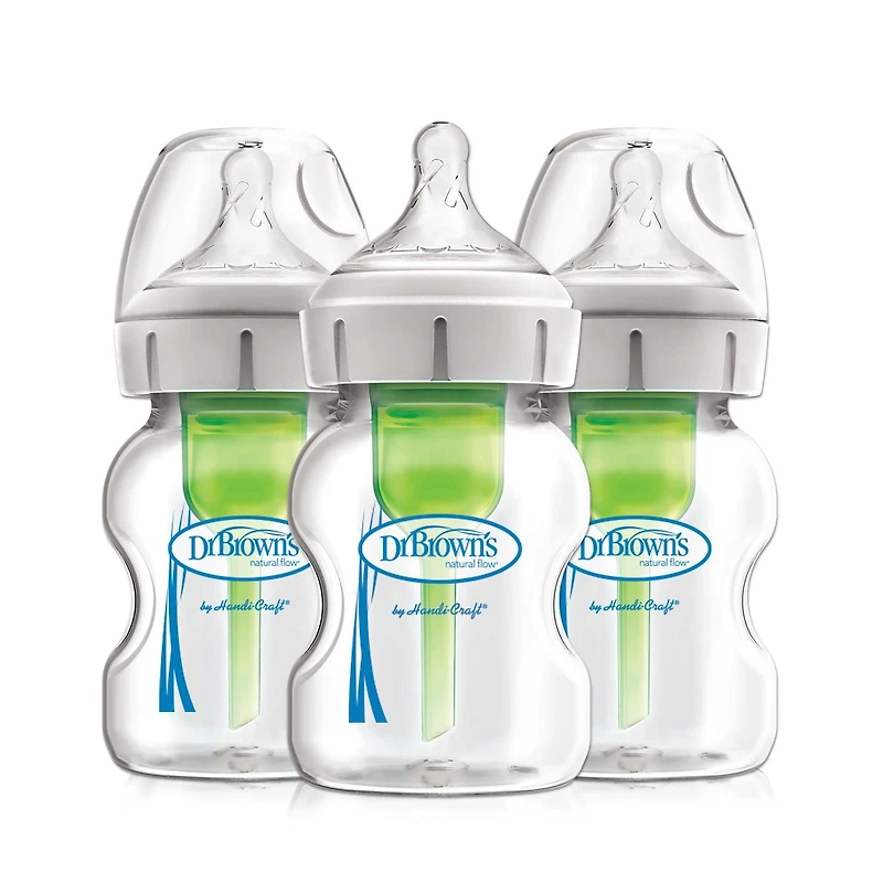 Biberons en verre à col large anti-colique Options+ du Dr Brown avec manchons en silicone - bleu et vert menthe - 5oz - 3pk