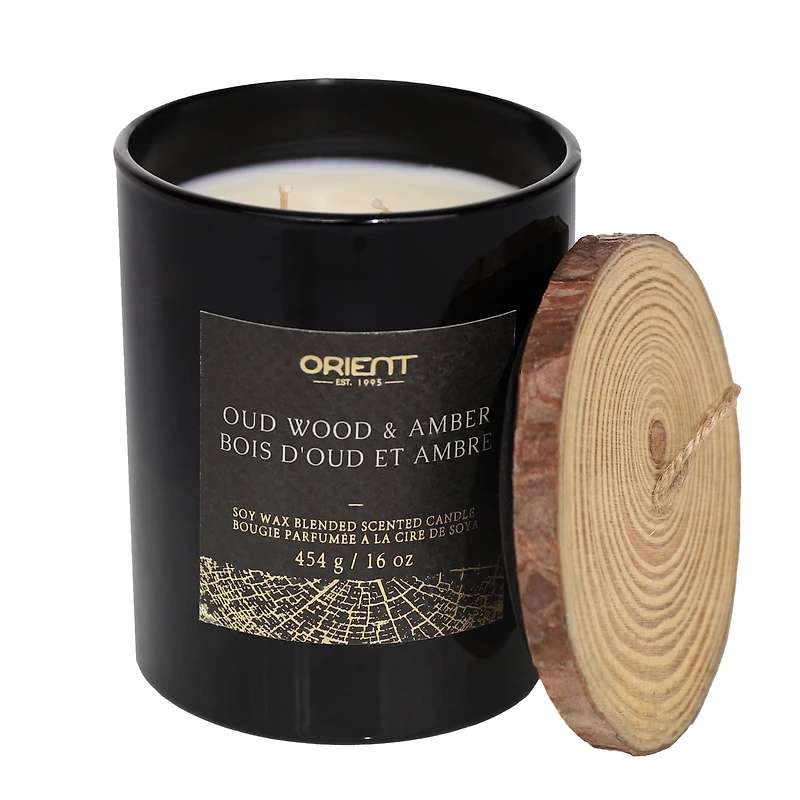 Orient 16OZ OUD WOOD & AMBER Soy Wax Blended Scented Candle, 2 mèche de coton · 16oz<br>· 454g<br>· 1 paquet
