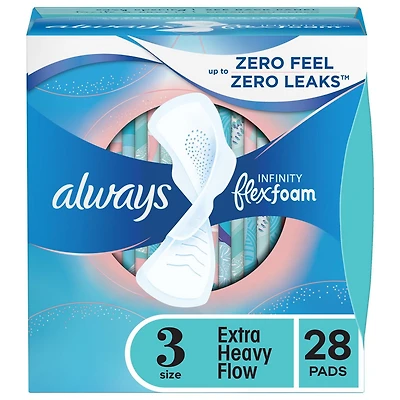 Always Infinity Feminine Pads for Women, Size 3, Extra Heavy, with Wings, Unscented, 28CT