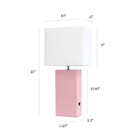 Elegant Designs Modern Leather Table Lamp with USB and White Fabric Shade