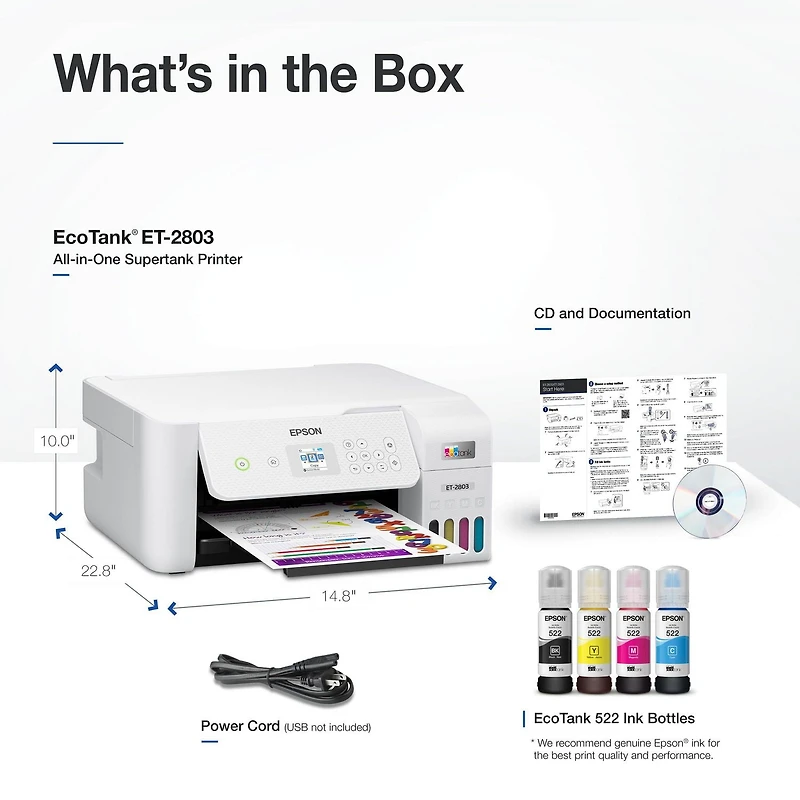 Imprimante multifonction couleur sans cartouche EcoTank ET-2803 à réservoirs d’encre géants avec scanneur, copieur et connectivité sans fil