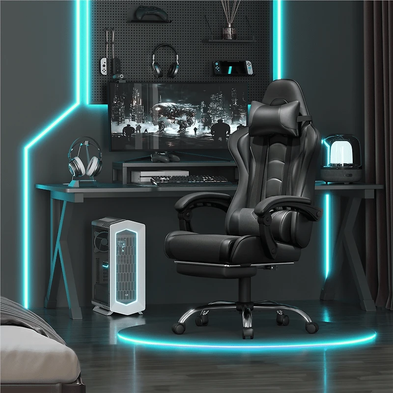 Fullfurnique Ergonomic High Back Gaming Chair with Slide Out Footrest, Full Black