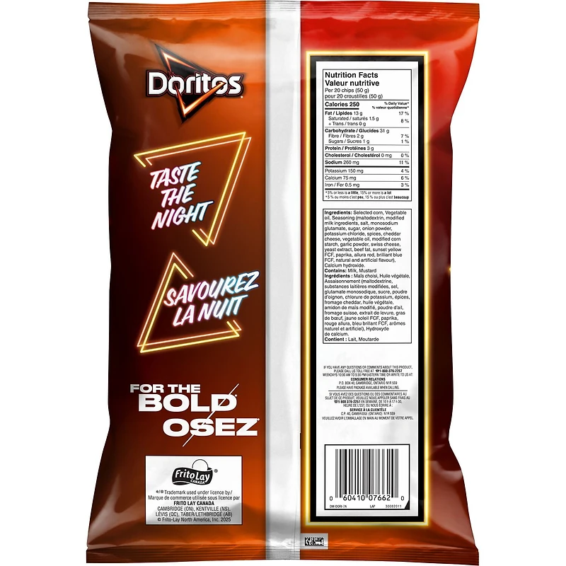 Doritos Late Night Sizzlin' Cheeseburger flavoured Tortilla Chips, 210 g.