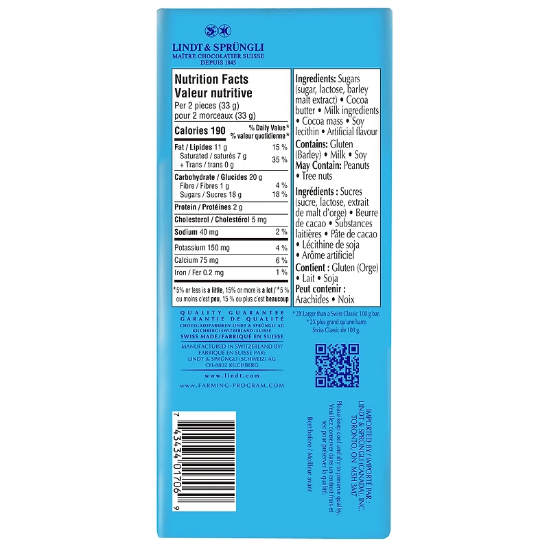 Barre Chocolat au lait Lindt SWISS CLASSIC, 200g