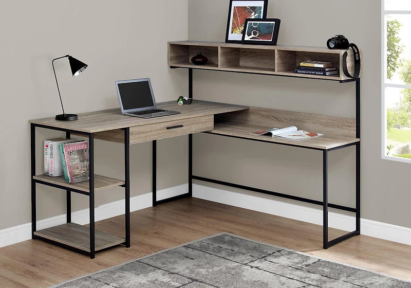 Monarch Specialties Bureau, Bureau À Domicile, Coin, Tiroirs De Rangement, Forme De L, Travail, Ordinateur Portable, Métal, Stratifié, Brun, Noir, Contemporain, Moderne