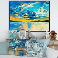 Designart Cloudy Wide Open Sunset Over Ocean Horizon FLOAT FRAME WALL ART