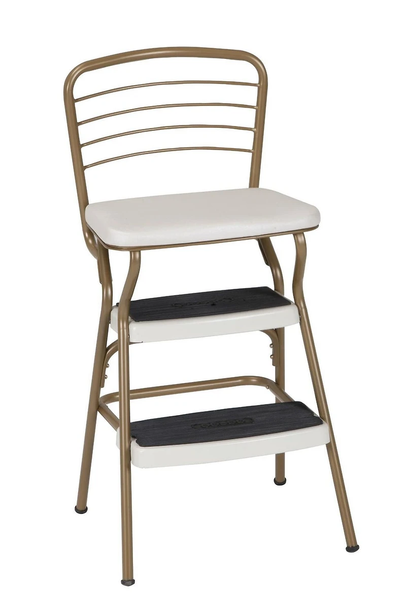 COSCO Stylaire Steel Retro Chair + Step Stool with Flip-Up Vinyl Seat (Gold/Cream)