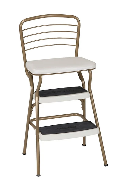 COSCO Stylaire Steel Retro Chair + Step Stool with Flip-Up Vinyl Seat (Gold/Cream)