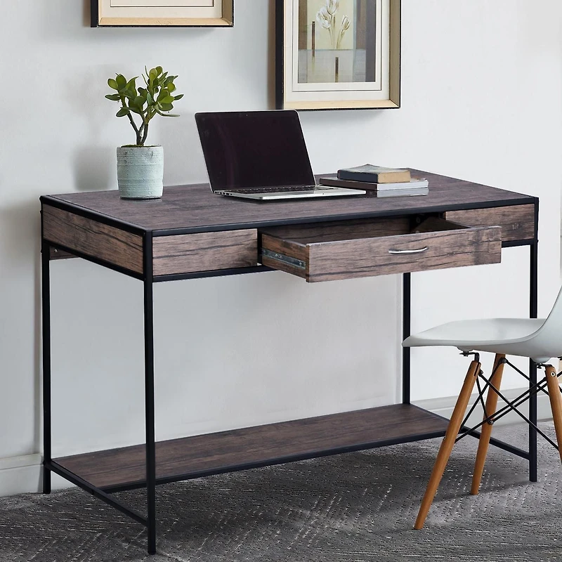 Homylin Home Office Computer Desk with Drawer, Retro Style 43" Wooden Writing Desk, Laptop Study Table Workstation, Stable Metal Frame, Rustic Dark Brown
