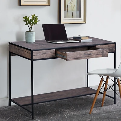 Homylin Home Office Computer Desk with Drawer, Retro Style 43" Wooden Writing Desk, Laptop Study Table Workstation, Stable Metal Frame, Rustic Dark Brown