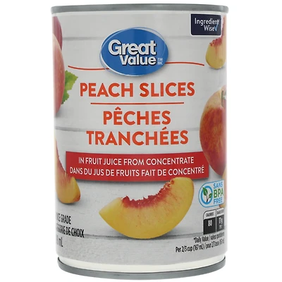 Pêches tranchées dans du jus de fruits fait de concentré Great Value 398 ml