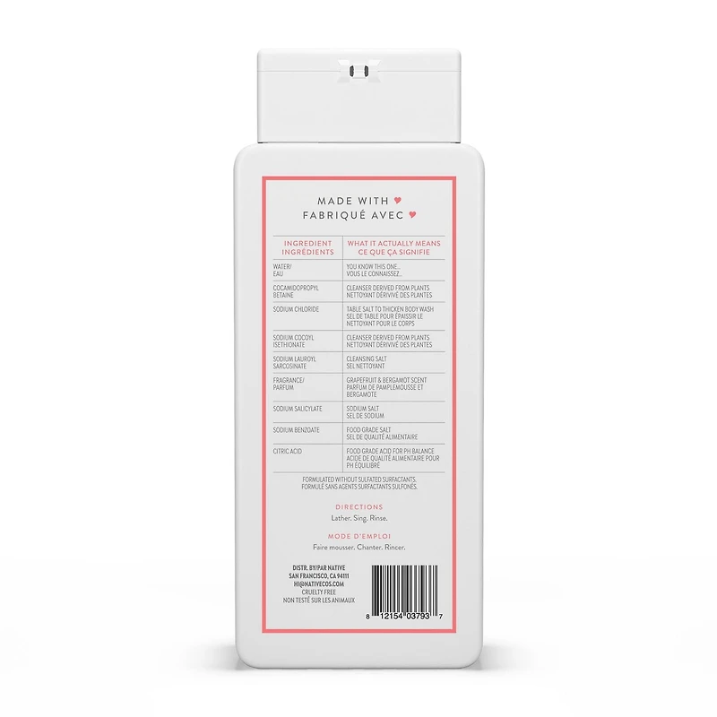 Native – Nettoyant pour le corps Pamplemousse et bergamote – sans sulfate, sans parabènes