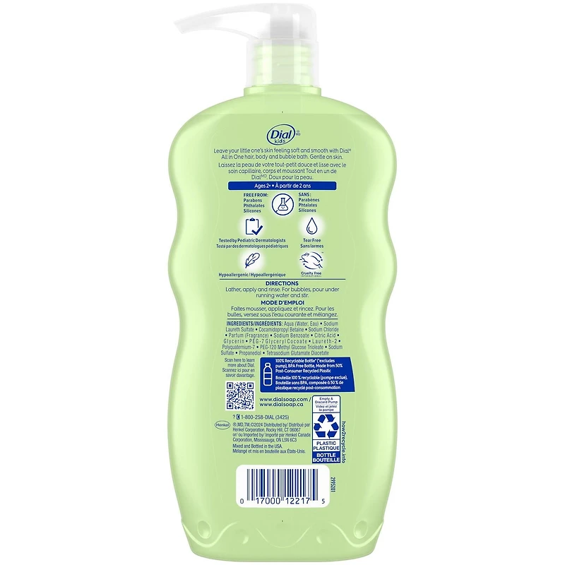 Dial Kids All in One, Hair, Body + Bubble Bath, Melon, 709ml, 1 count, 709 mL