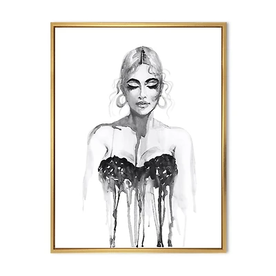 Designart Monochrome Portrait of Woman Wearing Evening Dress FLOAT FRAME WALL ART