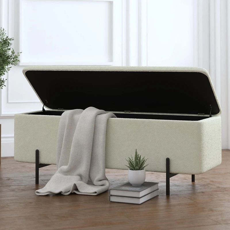 Modern Fabric & Metal Storage Ottoman Bench - White & Black