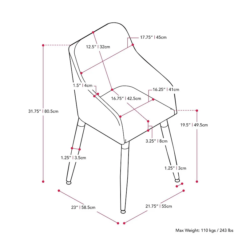 CorLiving Ayla Lot de 2 chaises d'appoint d'intérieur rembourrées en velours avec pieds en bois évasés