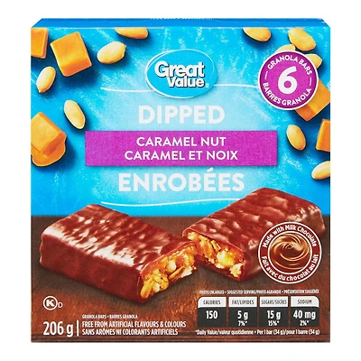 Barres granola au caramel et aux noix enrobées Great Value 6 barres, 206 g