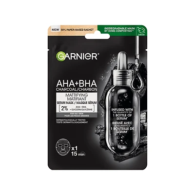 GARNIER Masque Serum Matifiant au Charbon AHA BHA, 1 Unite