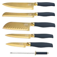Thyme & Table Ensemble de 7 couteaux à bloc fin avec lames dorées et bloc bleu