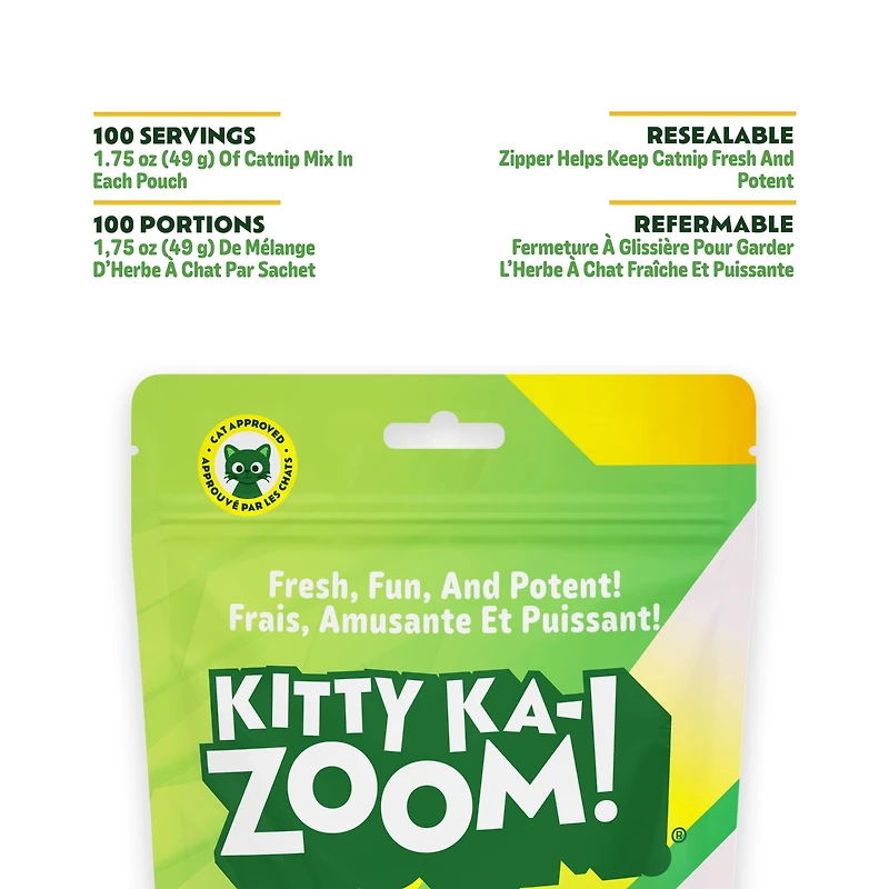 Kitty Ka Zoom Roar Mélange d'herbe à chat, de racine de valériane et d'herbe à chat pour chats, sachet refermable de 49,6 g (1,75 oz).
