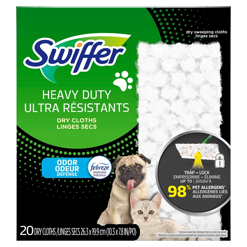 Recharges de linges secs multi-surfaces ultra résistants pour animaux domestiques pour balai Swiffer, pour balayer et nettoyer les planchers, fraîcheur Febreze, 20unités 20CT