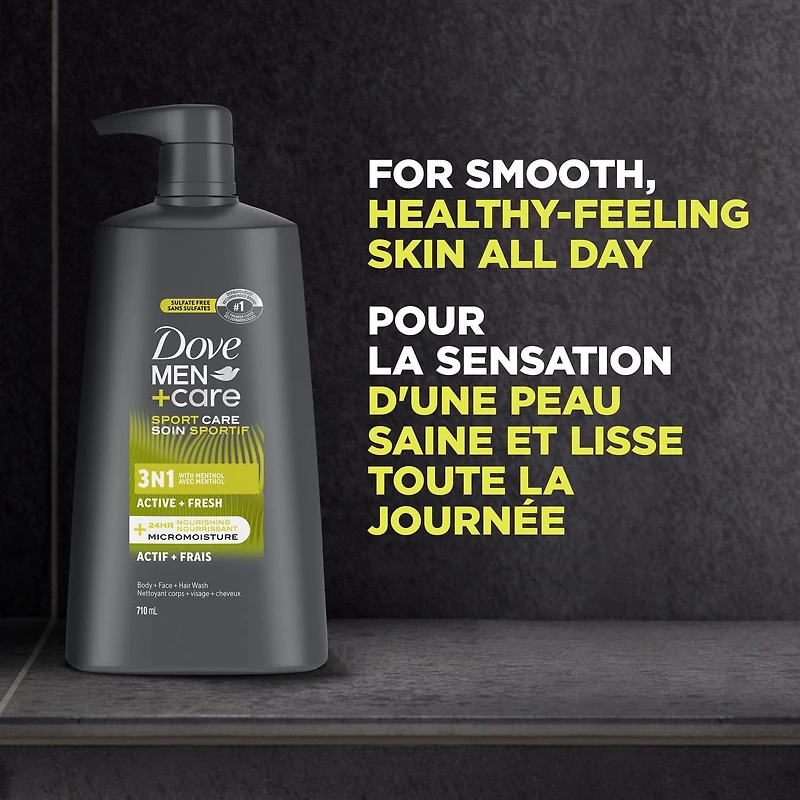 3-en-1 pour le Corps, les Cheveux et le Visage avec Technologie Micromoisture Nourrissante 24 Heures, Gel Douche pour Hommes Dove Men+Care Revitalisant Actif + Fraîcheur, 710mL 710mL