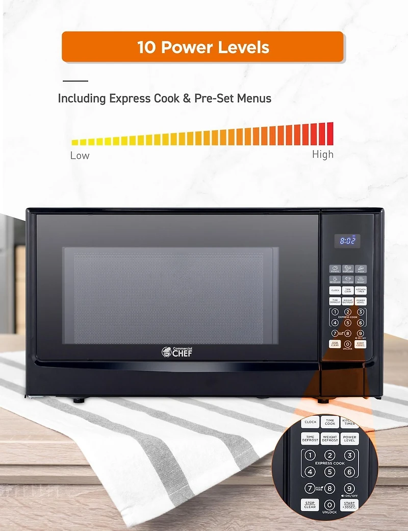 Commercial Chef 1.4 Cubic Foot Microwave with 10 Power Levels, Small Microwave with Push Button, 1100 Watt Microwave with Digital Control Panels