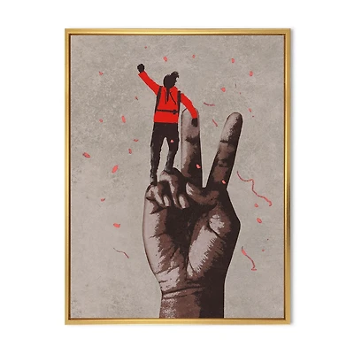 Designart Victory Sign With Man With Arm Raised FLOAT FRAME WALL ART