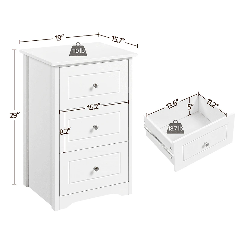 Fullfurnique Modern Wooden End Table with Three Drawers, White