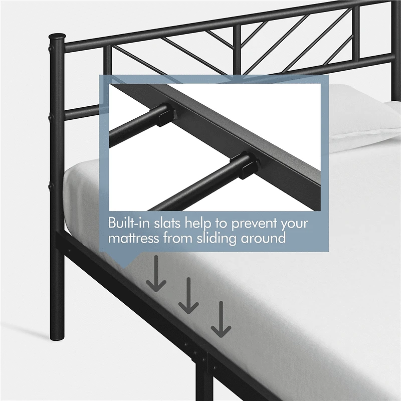 Fullfurnique Minimalist Metal Platform Bed with Arrow Design Headboard for Adults, Queen, Black