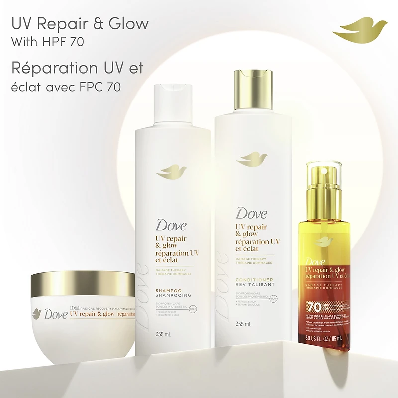 Masque revitalisant Réparation en profondeur de 99 % des dommages capillaires causés par Dove Radical Recovery les UV UV Repair & Glow avec perles Lumi-Beads fondantes 260g