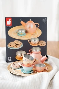 Janod - Metal Tea Set Dinnerware - 15 Pieces - Motor Skills Development Toy - Early-Learning - Pretend and Imaginative Play - for Toddlers - from 3 Years +