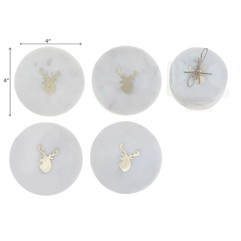 Lot De 4 Sous-Verres Ronds En Marbre Blanc Avec Incrustations En Laiton En Forme De Tête De Cerf (10 X 10 Cm)