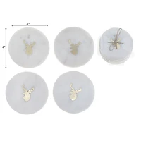 Lot De 4 Sous-Verres Ronds En Marbre Blanc Avec Incrustations En Laiton En Forme De Tête De Cerf (10 X 10 Cm)