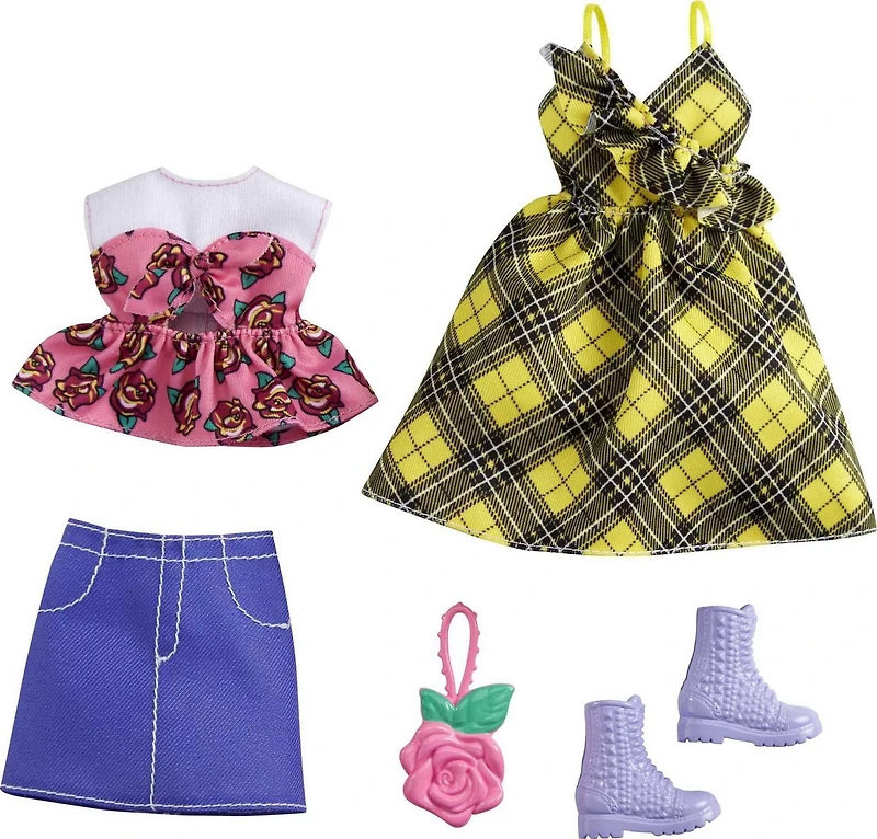 Barbie Fashions 2-Pack Clothing Set, 2 Outfits for Barbie Doll Include Yellow Plaid Dress, Floral Top, Denim Skirt & 2 Accessories