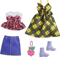 Barbie Fashions 2-Pack Clothing Set, 2 Outfits for Barbie Doll Include Yellow Plaid Dress, Floral Top, Denim Skirt & 2 Accessories