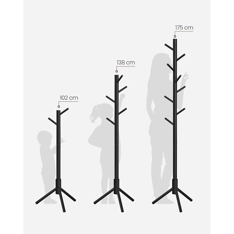 Boutique Home Adjustable Free-standing Coat Rack with 8 Hooks & 3 Height Options, Black