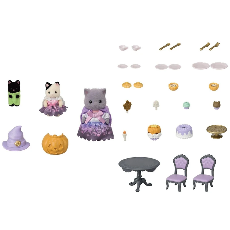Calico Critters Ensemble de fête surprise d'Halloween, ensemble de jeu pour maison de poupée avec figurines et accessoires