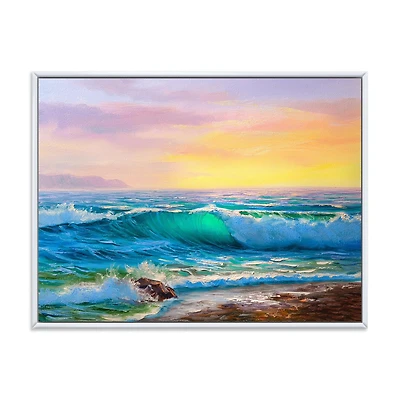 Designart Blue Waves Breaking At The Beach IV FLOAT FRAME WALL ART