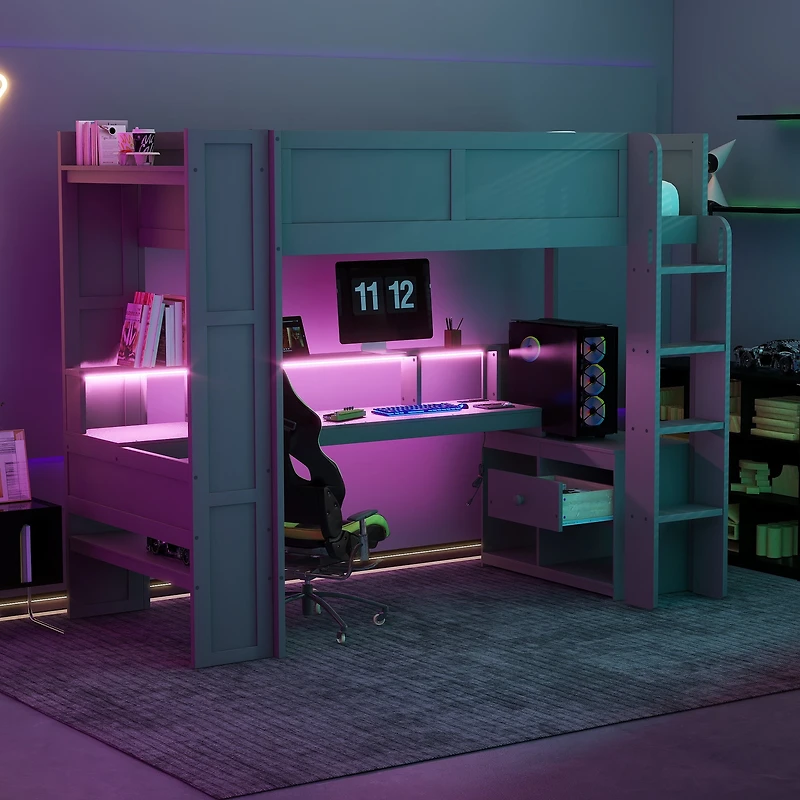 Homy Casa Wood Twin Size Gaming Loft Bed with Desk Shelves LED and Charging Station for Teen Bedrooms