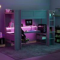 Homy Casa Wood Twin Size Gaming Loft Bed with Desk Shelves LED and Charging Station for Teen Bedrooms