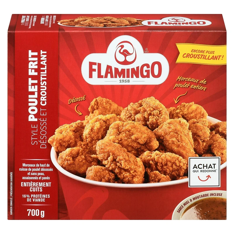 Flamingo Morceaux de haut de cuisse de poulet entièrement Flamingo Morceux style poulet frit désossés et croustillants, entièrement cuits avec sachet de sauce moutarde et miel, Flamingo 700 g